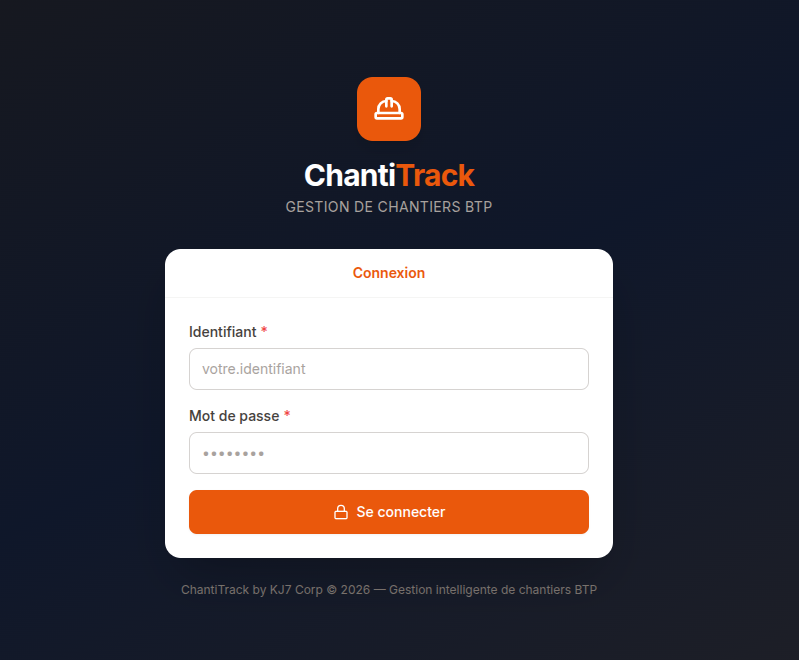 Écran de connexion ChantiTrack